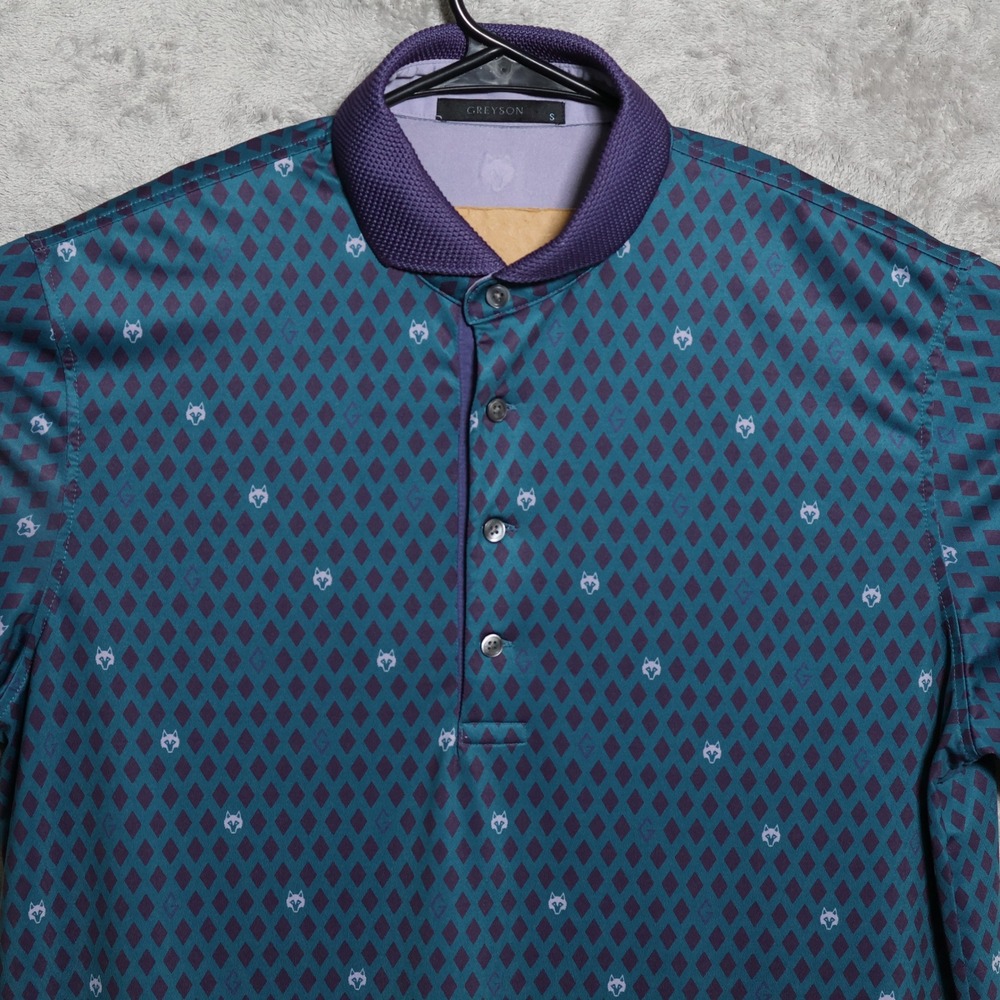 Greyson Polo Shirt Mens Small Blue Purple Wolf Diamond Print Short Sleeve Golf